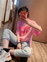 BORAKOO Korea East Gate Spring Girl Barbie powder fluorescent letter high collar short sleeve thin T-shirt