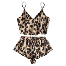 Sexy Leopard Satin Sling Pajama Set Women Cropped Tube Tops