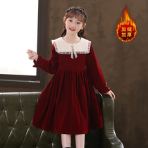 Children plus velvet dress big children autumn and winter skirt girls golden velvet winter dress foreign princess dress little girl winter