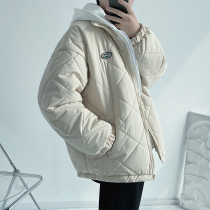 Diamond Lattice Design Fake Two Port Wind Cotton Clothing Thickened Warm Cotton Coat Jacket Man Winter Casual Lins Mi White