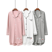 New night dress cotton womens spring casual long-sleeved cardigan lapel embroidered love mid-length home skirt pajamas