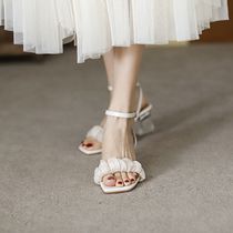 Sandals Women 2022 Summer New Evening New Evening Fashion Ladies Fairy Wind Net Red With A Straight Strap Coarder Heel Shoes