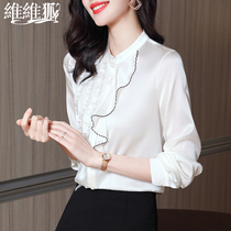 Pure Color Genuine Silk Shirt Lady 2022 Spring Commuter OL Linen Dress Code Lotus Leaf Side Long Sleeve Real Silk Shirt Lady