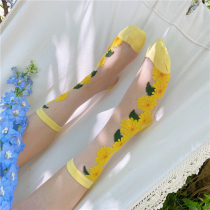 LET ME SEE Ya Feng flower midtube socks ins tide glass crystal stockings women transparent thin summer