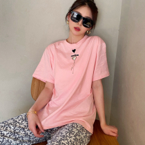 Kimhekim Chest Front Love Logo Printed Metal Chain Brooch Short Sleeve T-shirt Half Sleeve Blouse
