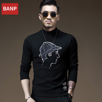 Autumn clothes mens semi-high collar long sleeve T-shirt Slim small high collar middle collar Autumn and winter base shirt head print T-shirt men