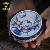Jingdezhen ceramics hand-painted Chai Kiln blue and white glaze heart peach Fushou cover set small coaster Teacup cover bowl holder