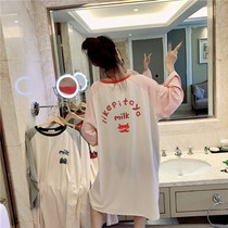 Korean long sleeve nightgown spring autumn cotton fruit printing ins lazy pajamas female fat mm200 kg home clothes