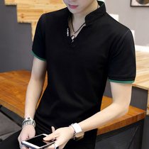 Short-sleeved T-shirt mens summer cotton V-collar spring and autumn long-sleeved fashion brand stand collar polo shirt slim Joker fashion handsome