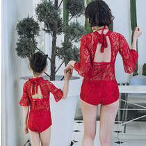Parent-child swimsuit Female mother-daughter new lace swimsuit Belly cover long sleeve swimsuit Girls swimsuit Black baby bikini