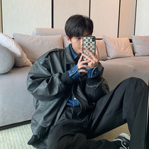 Hualun loose vintage lapel leather jacket male fried street coat premium fan self-left black pilot leather jacket tide