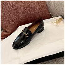Thick heel single shoes womens spring and autumn 2021 new leather mid-heel loafers all-match one pedal British style small leather shoes