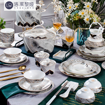 LO GULEYA Jingdezhen Nordic light and luxurious marble bowls Dishes Suit Home Cutlery Bone porcelain dishes Eating Bowls