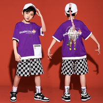 Childrens hip hop suit summer new short sleeve loose hiphop boys hip hop show girl jazz dance tide suit