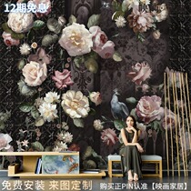 European style vintage hand-painted rose wallpaper peacock flower murals living room TV background wallpaper non-woven wall cloth