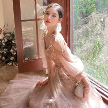 Pink bridesmaid costume fairy temperament 2021 new autumn and winter girlfriends wedding sister head graduation dress female thin