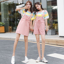 Single piece suit 2021 Summer new Korean version loose schoolgirl girlfriends dress braces shorts dress Two sets of damp