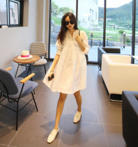 Pregnant women spring and autumn coat 2021 New Korean temperament cotton shirt dress long sleeve Loose Doll skirt summer