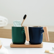 Nordic solid wood handle ceramic couple mouthwash Cup tooth cylinder Tooth Cup with tray combination set