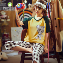 Pure Cotton Pyjamas Female Summer Student Short Sleeves Two Suits Korean Version Plaid Fresh to go out for leisure summer Home Residence Clothes