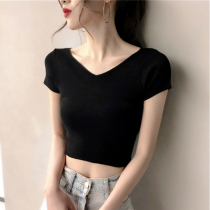 ins summer double V-neck short-sleeved t-shirt womens 2020 new skinny cotton thin high-waist umbilical top tide