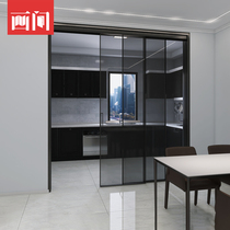 Modern Pole Brief narrow frame Three-linkage Kitchen Balcony Oil Sands Long Iridescent Glass Push Sliding Door Free of glue Panoramic moving door