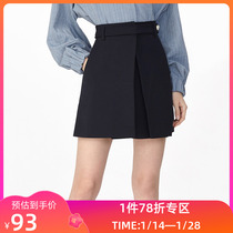 LILYs new womens temperament navy blue pair of pleats design A-line high-waist skirt skirt
