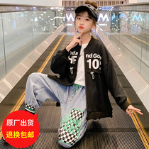 Girls spring and autumn long pants 2022 New CUHK Tong Fashion Ocean Tide Child Loose version denim printed long pants