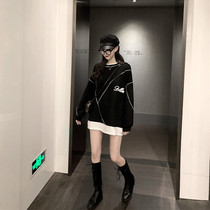 BF lazy wind sweater womens loose mid-length printing fake two-piece spring and autumn thin pullover Hong Kong style personality top trend