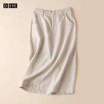 Linen halfbody dress Women 2022 Summer Leisure over kneecap hip-a-character dress with long-style beige open fork cotton linen dress