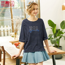 Three-Shot short-sleeved T-shirt female color strip smooth dense cotton round neck mid-sleeved womens T-shirt youth stripe short-sleeved 23202