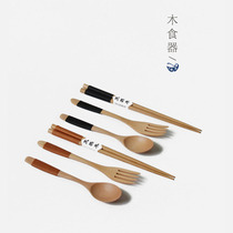 Japanese-style lotus Wood cutlery chopsticks fork spoon set chopsticks long handle wooden soup spoon coffee spoon Fork wooden rice spoon