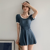 Swimsuit female 2021 New retro waist skirt style belly covered thin chest gathered student girl hot spring swimsuit