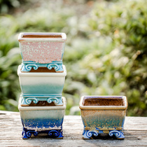 (Bang Yong Shangpin)Jingdezhen Korean white light succulents flowerpot group of Ebony ceramics square rough pottery through