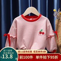 Baby girl autumn long-sleeved sweater 2022 new girls cherry embroidery top childrens pinstripe pullover
