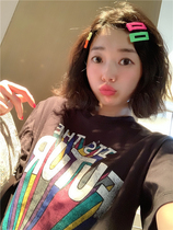 BORAKOO Korea Dongdaemun Summer charcoal gray Rainbow letters short sleeve loose T-shirt