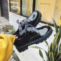 Girls Korean version springtime small leather shoes womens round head Inron 100 lap deep-mouth retro college wind black student Martin shoes