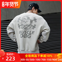 Muscle Dog Tide Brand Texture Waffle Round Neck Sweater Mens Autumn and Winter Fleece Loose Fitness Sports Pullover