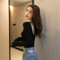 Slim-fit inner long-sleeved thin T-shirt backless heart machine top Womens autumn and winter sexy low-neck base shirt Black t-shirt