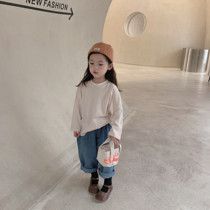 Girl Pure Color Long Sleeve 2021 Autumn Money New Pint Collar Loose Jacket Children Korean Version Trendy Casual Hit Bottom T-shirt