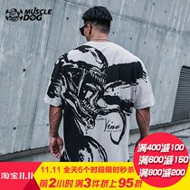 Muscle dog Tide brand ink style hero printing sports leisure short sleeve T-shirt men loose fitness training clothes