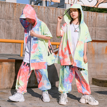 Street dance suit boys tide clothes childrens jazz dance costumes summer performance clothes girls hip-hop tie-dye fried street short sleeves