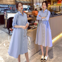 Maternity dress spring 2022 new fashion Korean version long sleeve lapel shirt skirt long pregnant women dress Spring