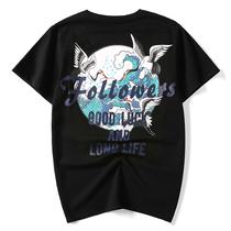 Hong Kong Tide brand Chinese style crane retro T-shirt cotton large size Harajuku short sleeve European and American hip hop loose half sleeve men