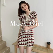 Sandro asw Striped Ice Silk Knitted Dress 2022 New Korean Style V-Neck Slim Skirt