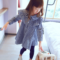Girls plaid shirt 2023 new Korean version of the foreign style in the big childrens loose Korean version of the shirt lotus leaf edge trendy thin long-sleeved