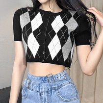 WEEKEEP Teenage Girl Magny Temperament 100 Hitch Knitwear Short Sleeve T-shirt Woman short Dew Waist Open Shirt With Lean Blouse