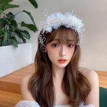 Mengyao bride Super fairy beautiful white silk yarn flower hair hoop female beautiful location headband wedding dress wedding headdress