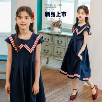 Korean childrens clothing medium and large girls lapel dress 2021 summer doll collar girl navy style princess skirt Western style