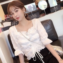 2020 Summer Korean version of the new white flared sleeve very fairy jacket foreign style short sleeve belly cover belly chiffon shirt Women